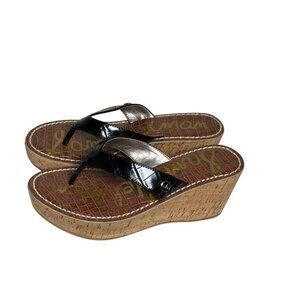 Sam Edelman Cork Wedge Flip Flop Sandals Black Patent Croc Embossed Sz 8M
